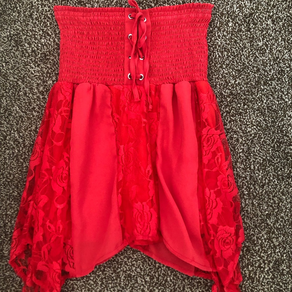 Red Strapless Lace-Panel Women's Top